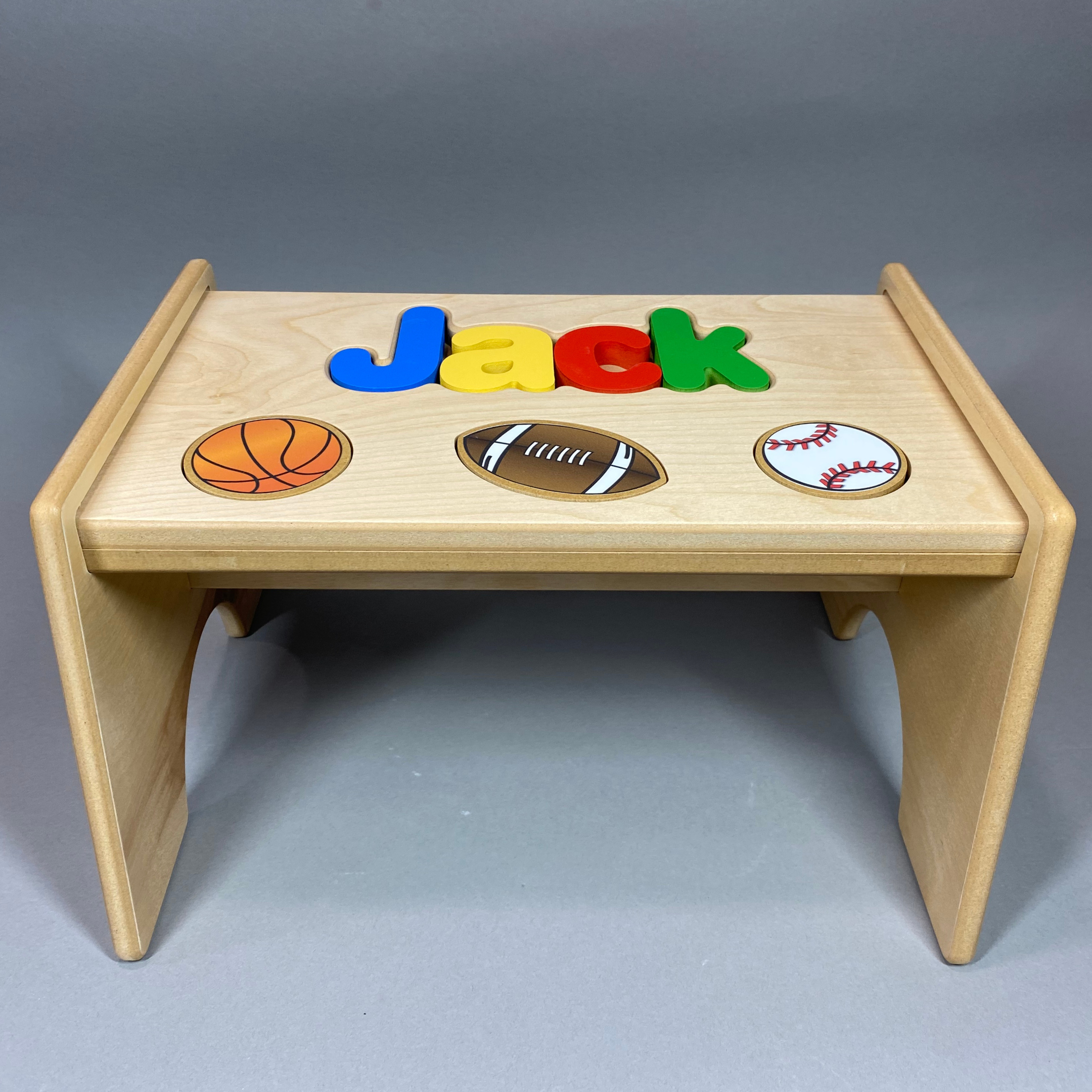 Personalized Natural Puzzle Stool with Symbols S S Woodcrafts